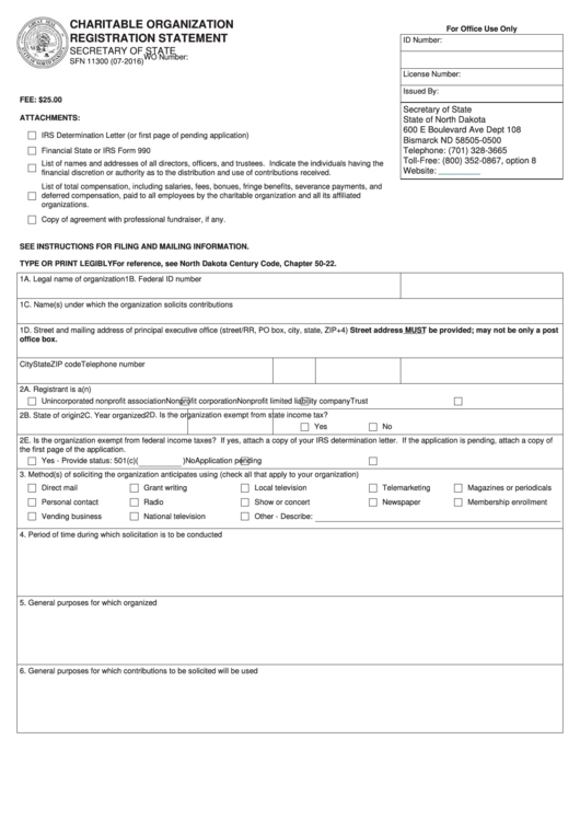 Form Sfn 11300 - Charitable Organization Registration Statement