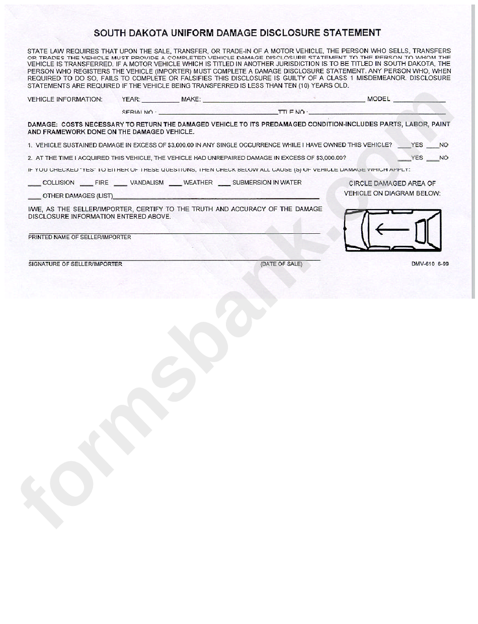 Form Dmv-610 - South Dakota Uniform Damage Disclosure Statement