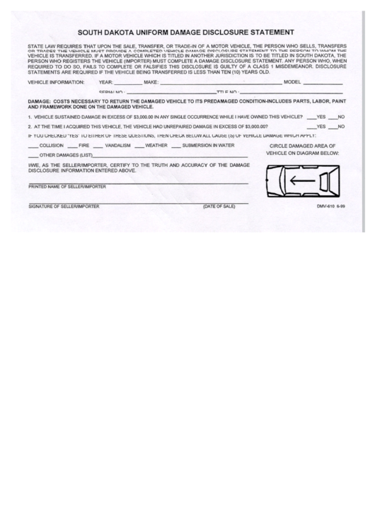 Form Dmv-610 - South Dakota Uniform Damage Disclosure Statement Printable pdf