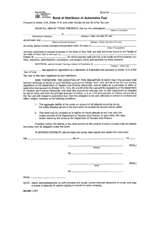 Form Au-432 - Bond Of Distributor Of Automotive Fuel Printable pdf