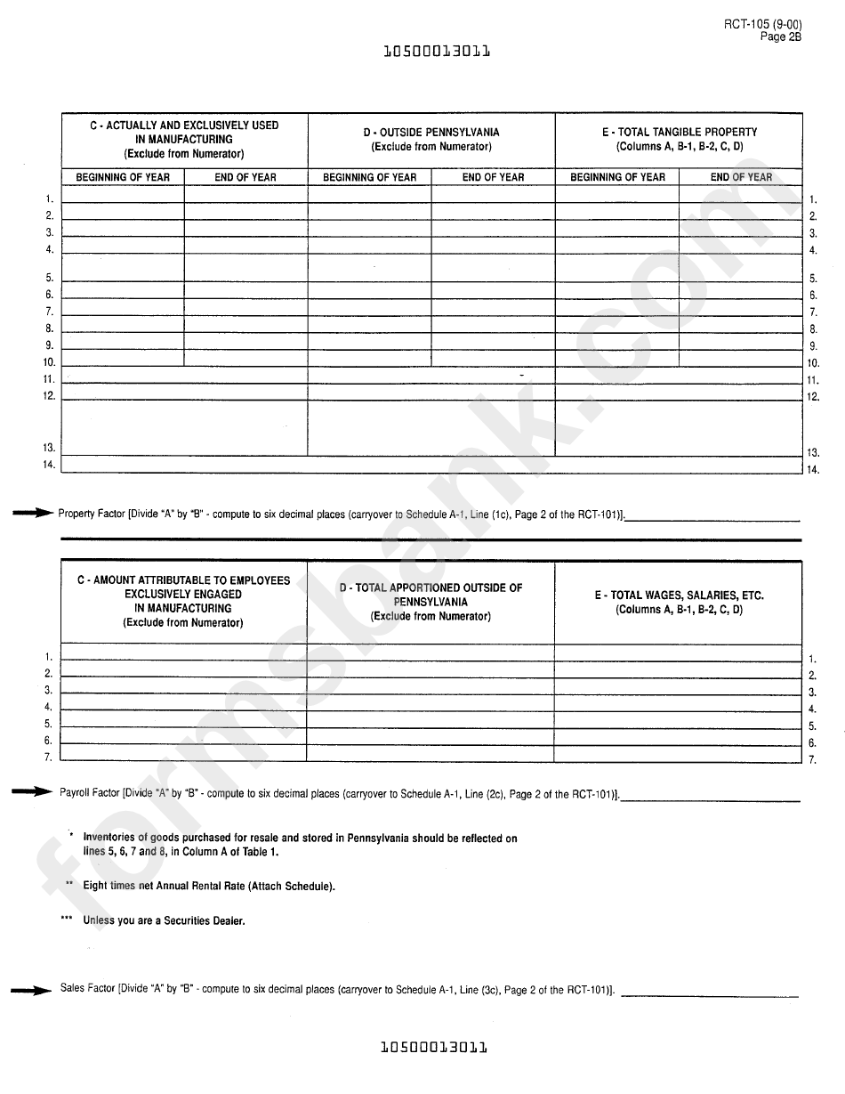 Form Rct-105 - Three-Factor Capital Stock/foreign Franchise Tax Manufacturing Exemption Schedule
