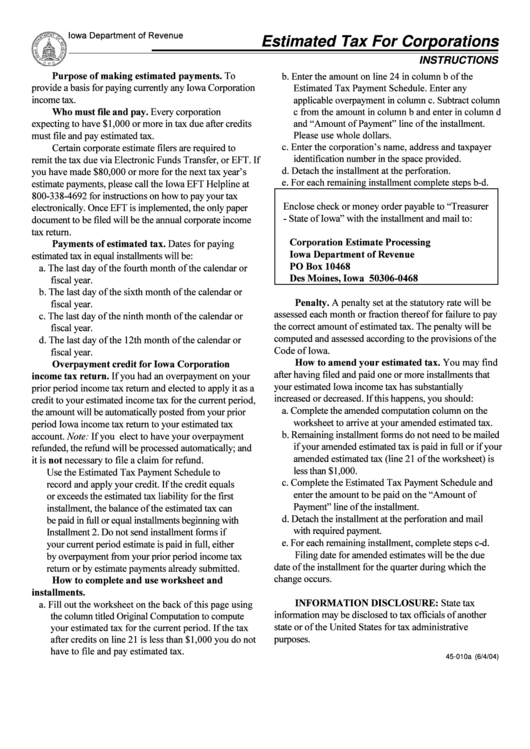 Instructions And Worksheet For Estimated Tax For Corporation - Iowa Department Of Revenue Printable pdf