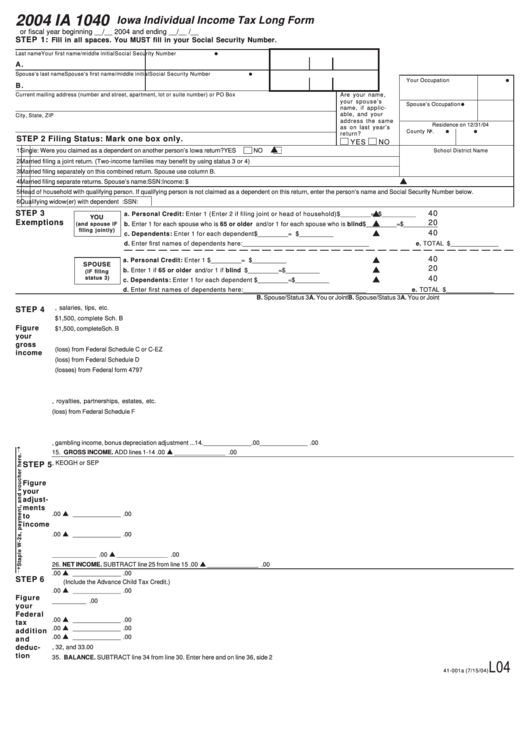 Fillable Form Ia 1040 - Iowa Individual Income Tax Long Form - 2004 Printable pdf