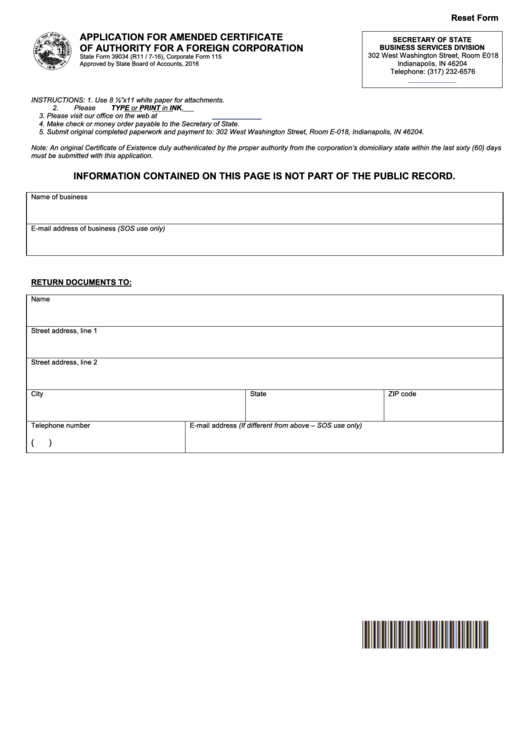 Fillable Form 39034 - Application For Amended Certificate Of Authority For A Foreign Corporation - 2016 Printable pdf