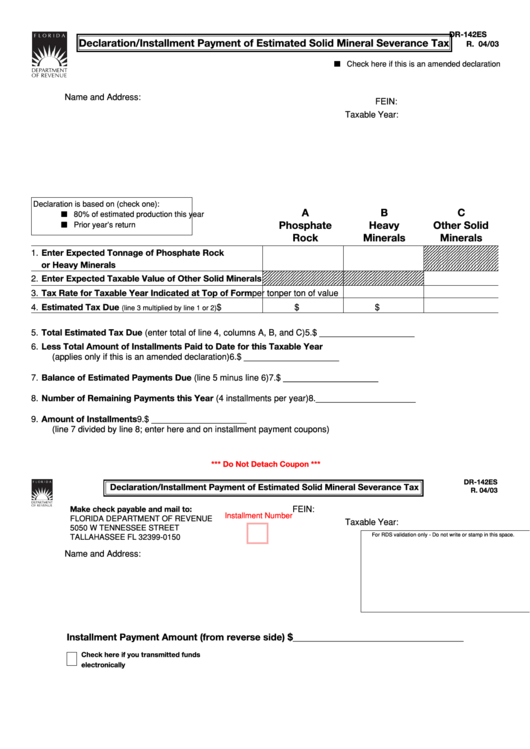 Form Dr-142es - Declaration/installment Payment Of Estimated Solid Mineral Severance Tax Printable pdf