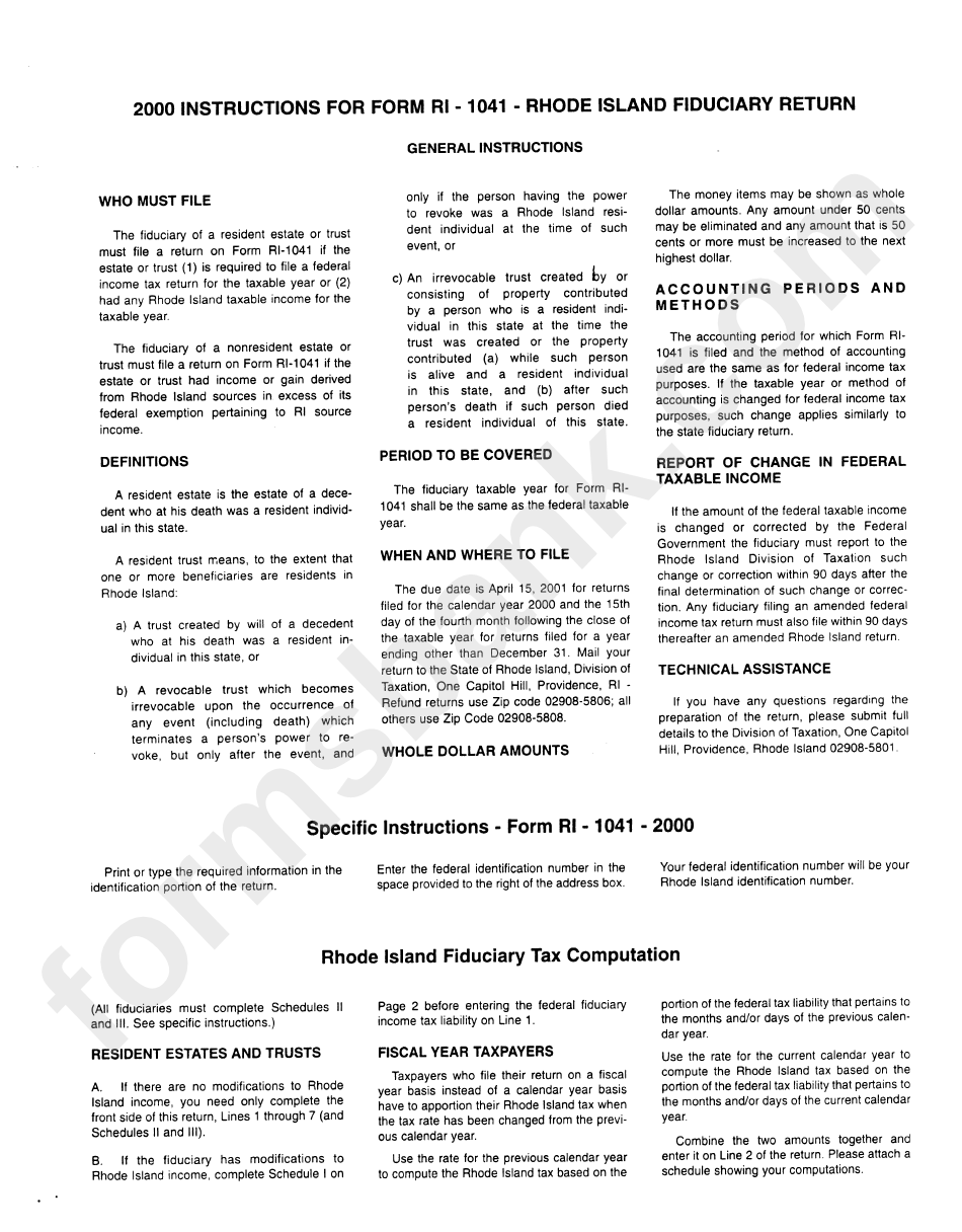 Instructions For Form Ri-1041 - Rhode Island Fiduciary Return, 2000