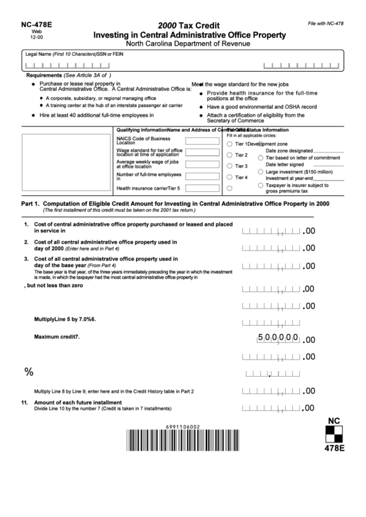 Form Nc-478e - Tax Credit Investing In Central Administrative Office Property - 2000 Printable pdf