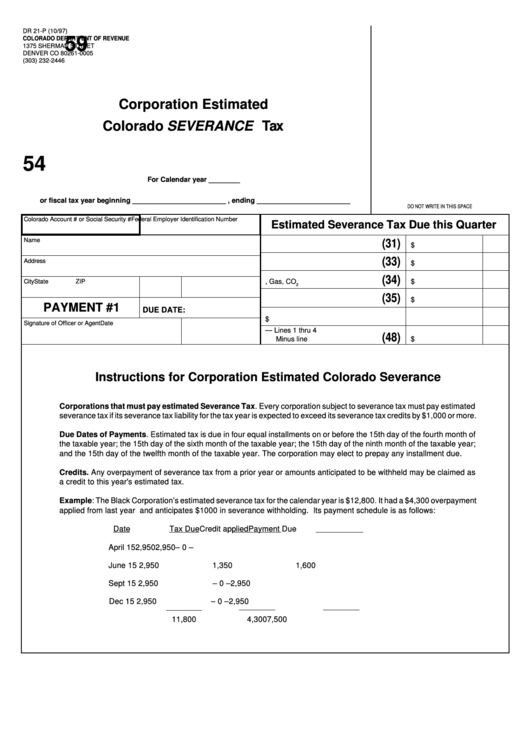 Form Dr 21-P - Corporation Estimated Colorado Severance Tax Printable pdf