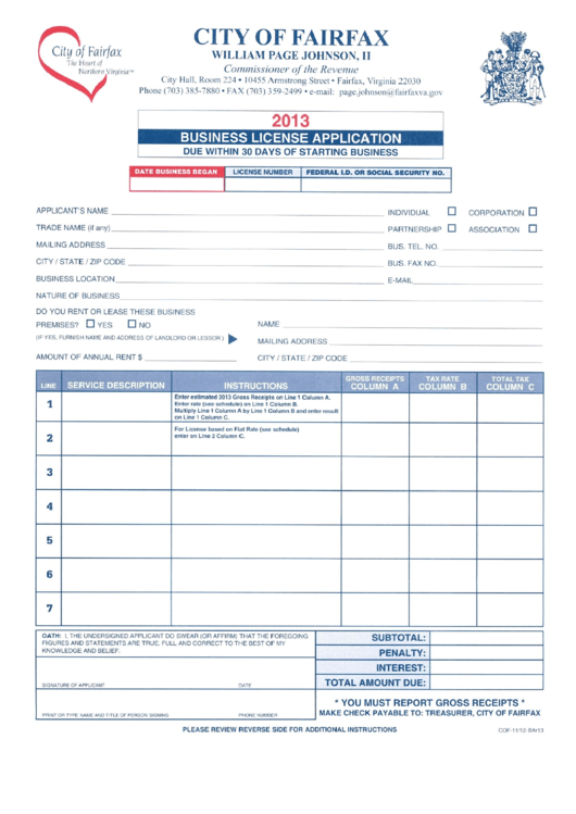 Business License Application - City Of Fairfax, 2013 Printable pdf