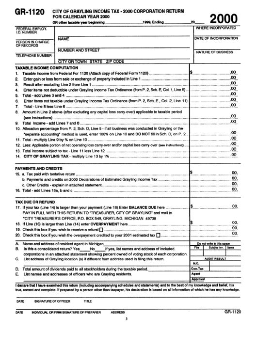 Form Gr-1120 - Corporation Return - City Of Grayling Income Tax, 2000 Printable pdf