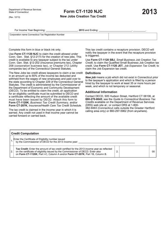 Form Ct-1120 Njc - New Jobs Creation Tax Credit - 2013 Printable pdf