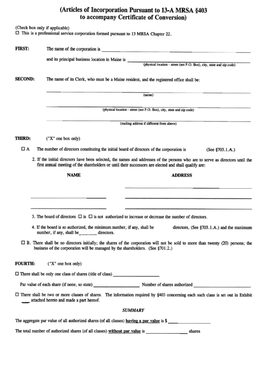 Form Conv-Bus - Articles Of Incorporation Pursuant To 13-A Mrsa 403 To Accompany Certificate Of Conversion - Maine Secretary Of State - 2000 Printable pdf