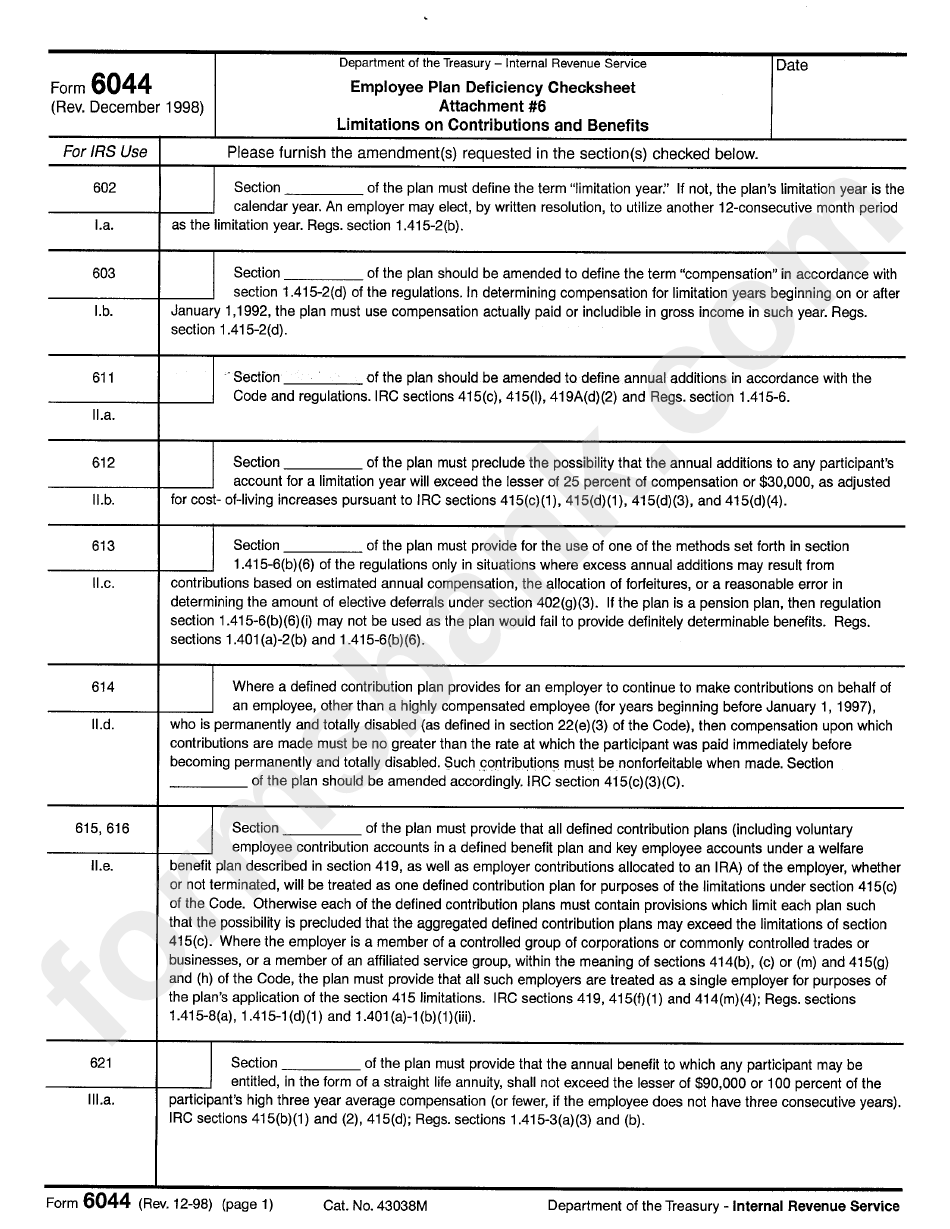 Form 6044 - Employee Plan Deficiency Checksheet Attachment 6 Limitation On Contributions And Benefits