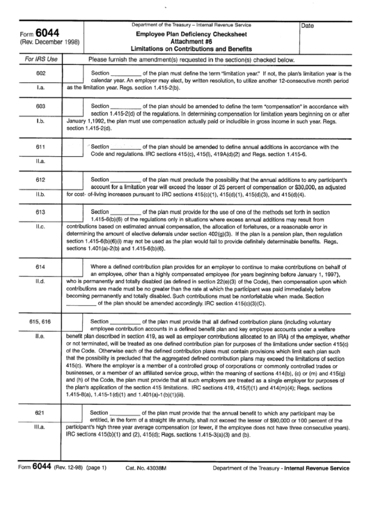Form 6044 - Employee Plan Deficiency Checksheet Attachment 6 Limitation On Contributions And Benefits Printable pdf
