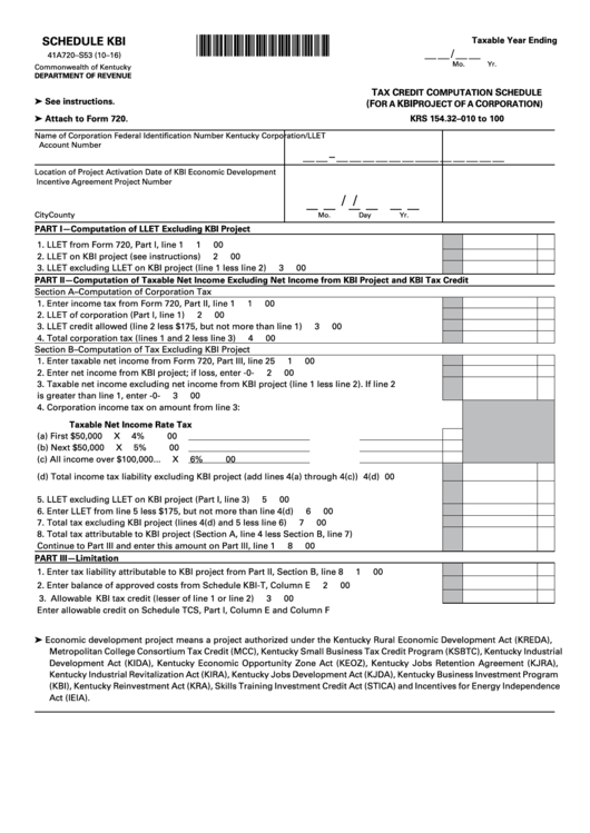 Form 41a720-S53 - Schedule Kbi - Tax Credit Computation Schedule - 2016 Printable pdf