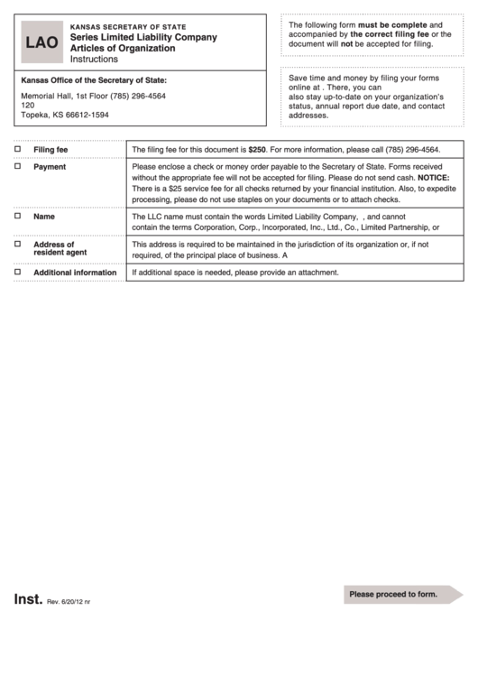 Form Lao - Articles Of Organization For A Series Limited Liability Company Printable pdf