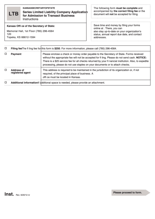 Form Ltb - Series Limited Liability Company Application For Admission To Transact Business - Kansas Secretary Of State Printable pdf
