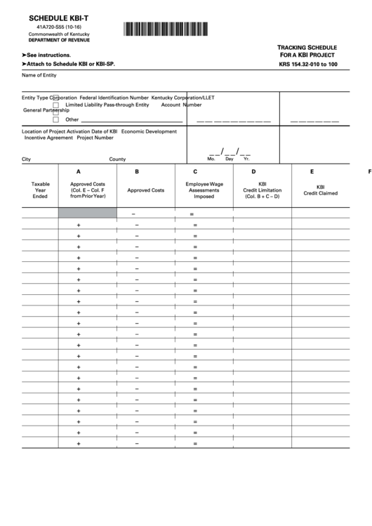 Schedule Kbi-T (Form 41a720-S55) - Tracking Schedule For A Kbi Project - 2016 Printable pdf
