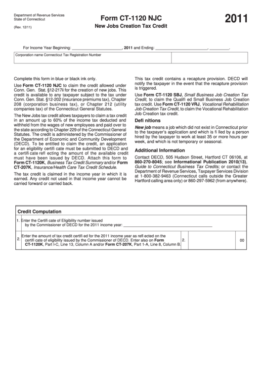 Form Ct-1120 Njc - New Jobs Creation Tax Credit - 2011 Printable pdf