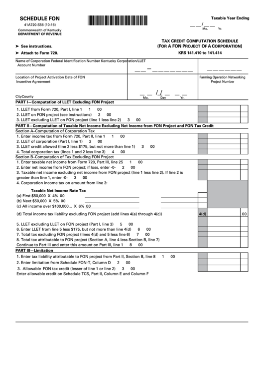 Form 41a720-S56 - Schedule Fon - Tax Credit Computation Schedule - 2016 Printable pdf