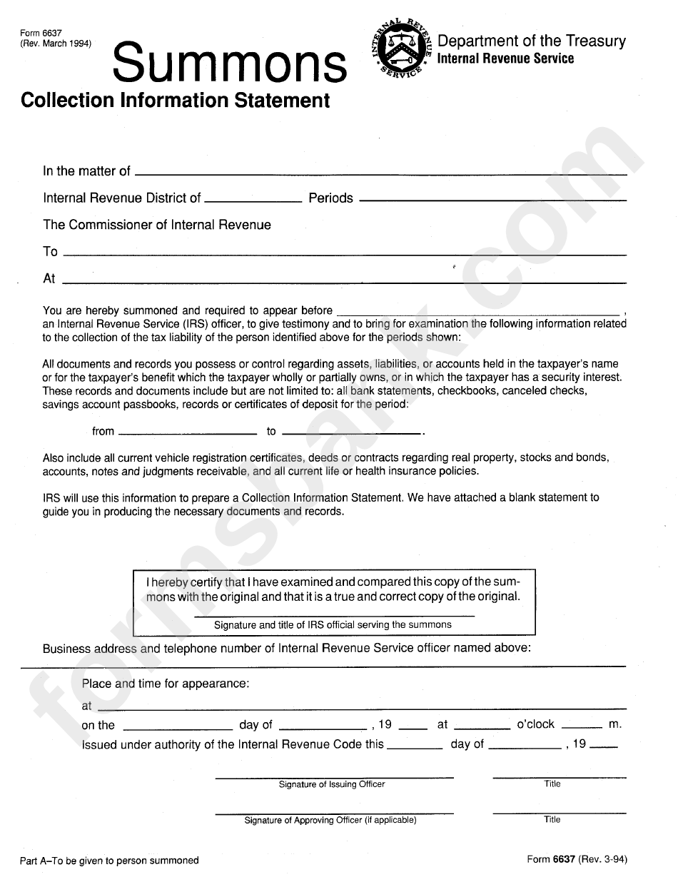 Form 6637 - Summons Collection Information Statement - Department Of Treasure