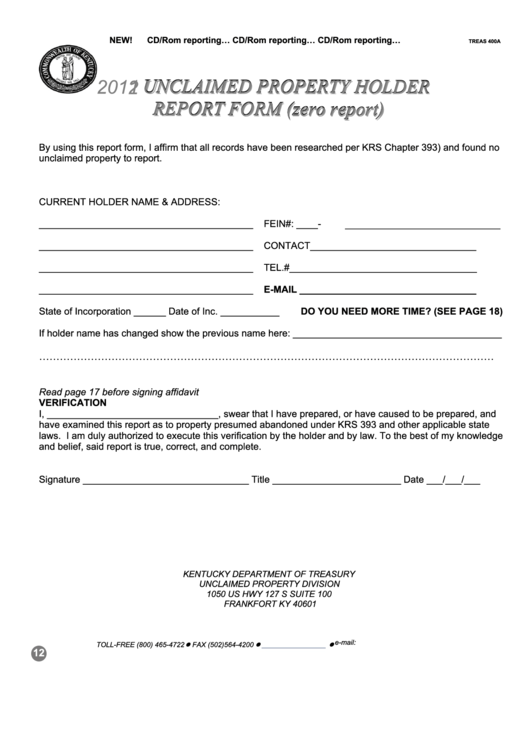 Form Treas 400a - Unclaimed Property Holder Report Form (Zero Report) - 2012 Printable pdf