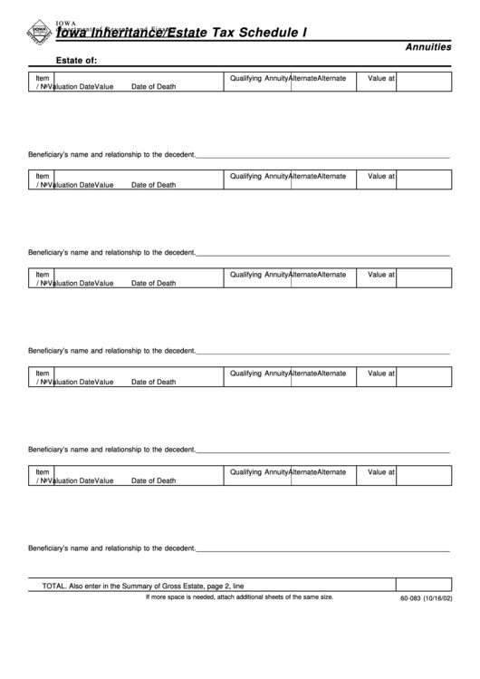 Form 60-083 - Iowa Inheritance/estate Tax Schedule I Printable pdf