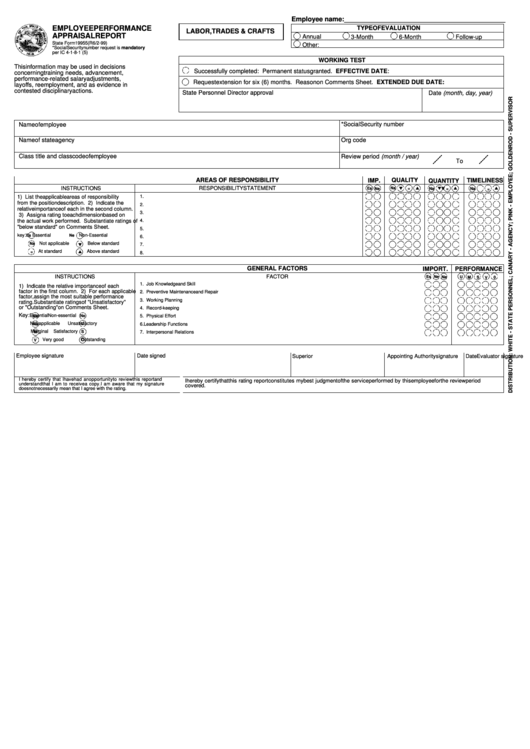 Fillable State Form 19955 - Employee Performance Appraisal Report - Labor, Trades & Crafts Printable pdf