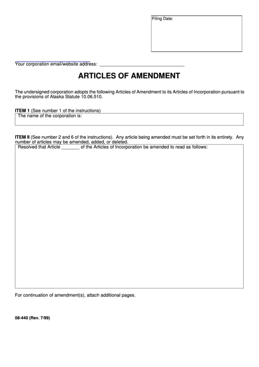 Fillable Form 08-440 - Articles Of Amendment Printable pdf