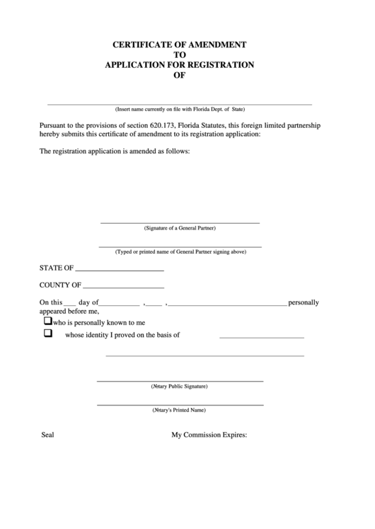 Fillable Certificate Of Amendment To Application For Registration - Florida Printable pdf