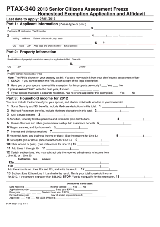 Form Ptax-340 - Senior Citizens Assessment Freeze - Homestead Exemption Application And Affidavit - 2013 Printable pdf