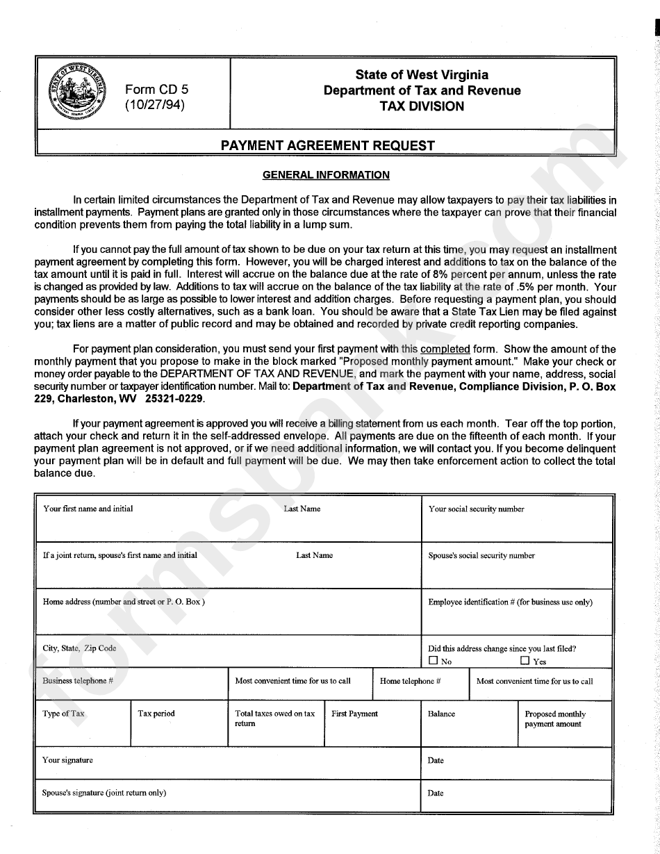 Form Cd 5 - Payment Agreement Request - West Virginia Department Of Tax And Revenue