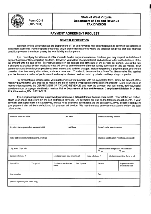 Form Cd 5 - Payment Agreement Request - West Virginia Department Of Tax And Revenue Printable pdf