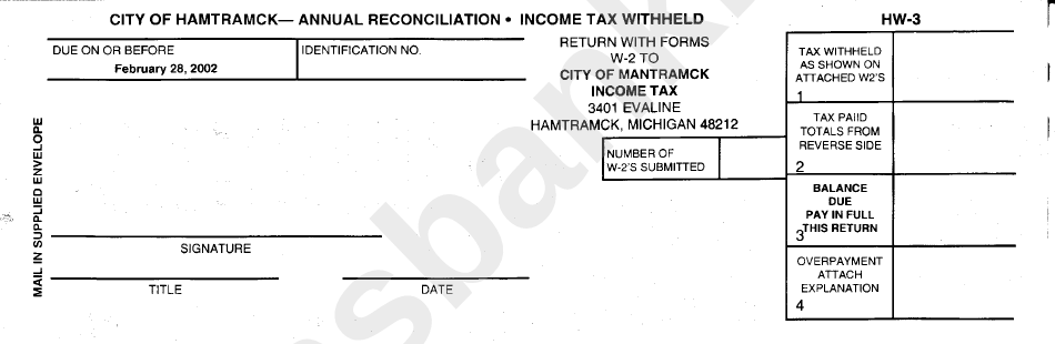 Form Hw-3 - Annual Reconciliation - Income Tax Withheld - City Of Hamtramck