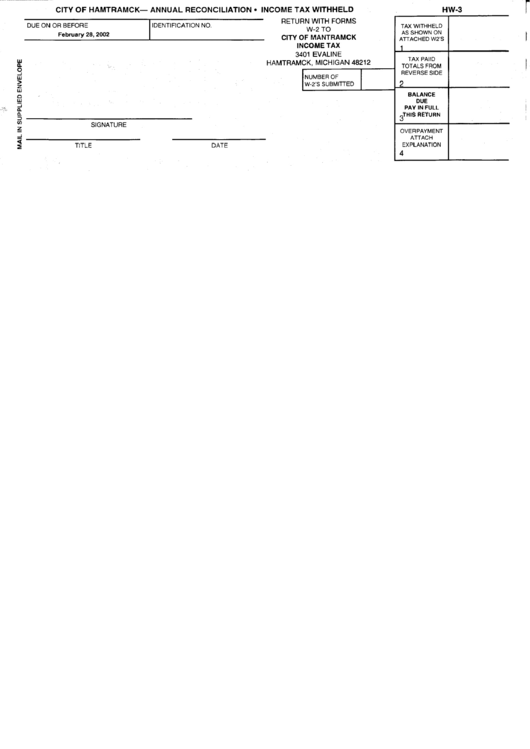 Form Hw-3 - Annual Reconciliation - Income Tax Withheld - City Of Hamtramck Printable pdf