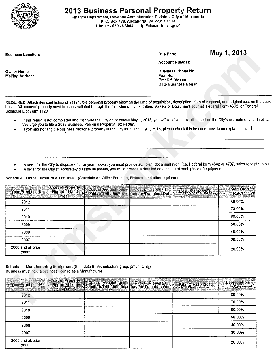 Business Personal Property Return - City Of Alexandria, 2013