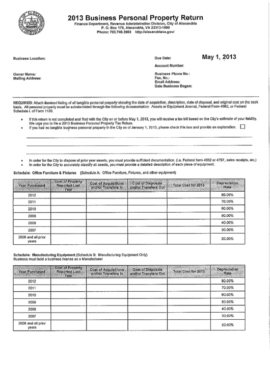 Business Personal Property Return - City Of Alexandria, 2013 Printable pdf