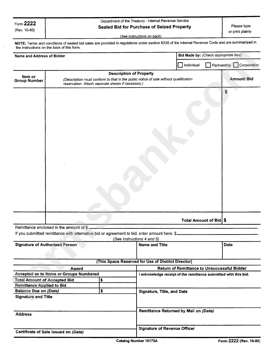 Form 2222 - Sealed Bid For Purchase Of Seized Property - 1980