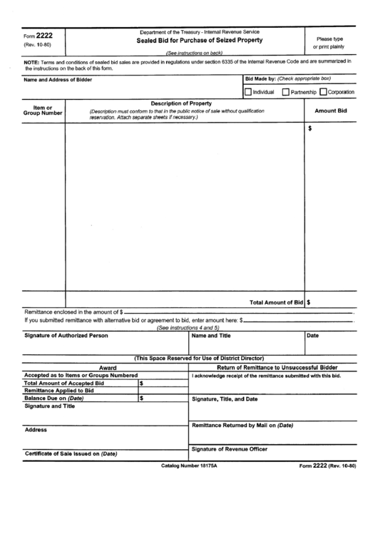 Form 2222 - Sealed Bid For Purchase Of Seized Property - 1980 Printable pdf