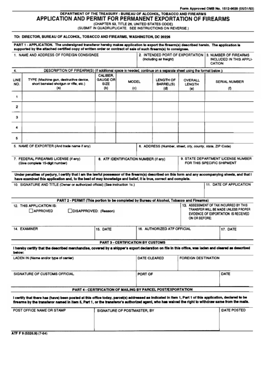 Form 1512-0020 - Application And Permit For Permanent Exportation Of Firearms - 1993 Printable pdf