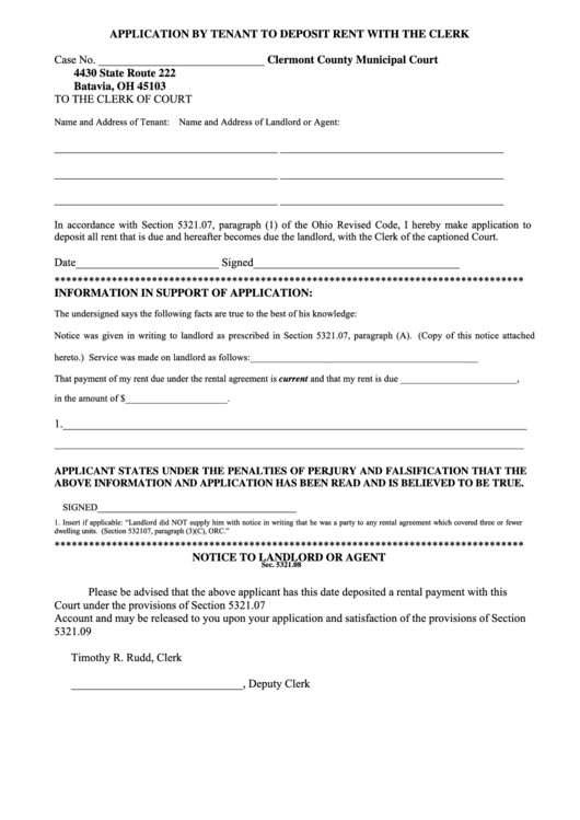 Fillable Application By Tenant To Deposit Rent With The Clerk Printable pdf