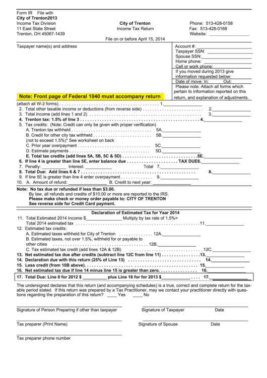 Form Ir - Income Tax Return - City Of Trenton - 2013 Printable pdf