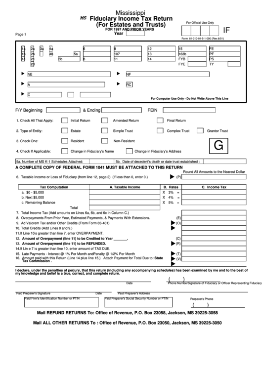 Form 81-310-01-5-2-000 - Fiduciary Income Tax Return (For Estates And Trusts) - Mississippi Department Of Revenue Printable pdf