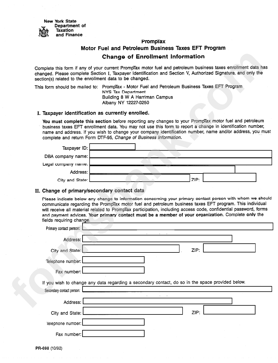 Form Pr-698 - Motor Fuel And Petroleum Business Taxes (Eft Program) - Change Of Enrollment Information