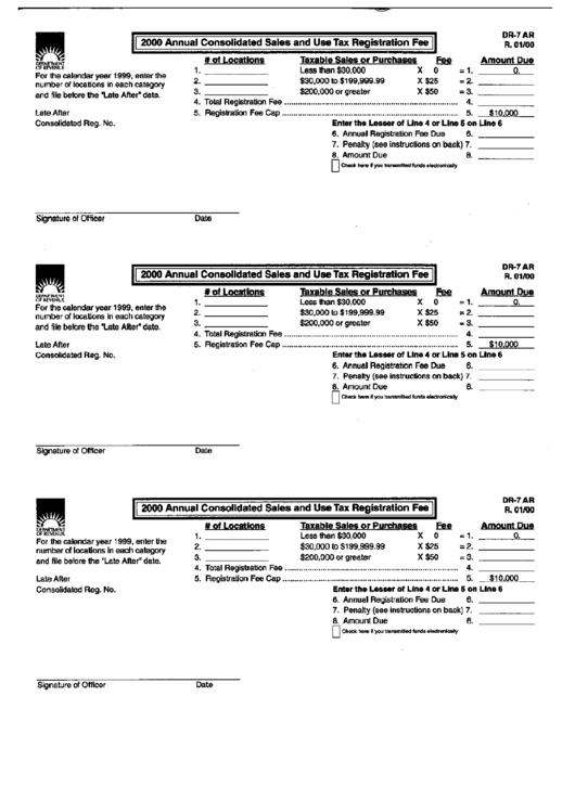 Form Dr-7 Ar - Annual Consolidated Sales And Use Tax Registration Fee - 2000 Printable pdf