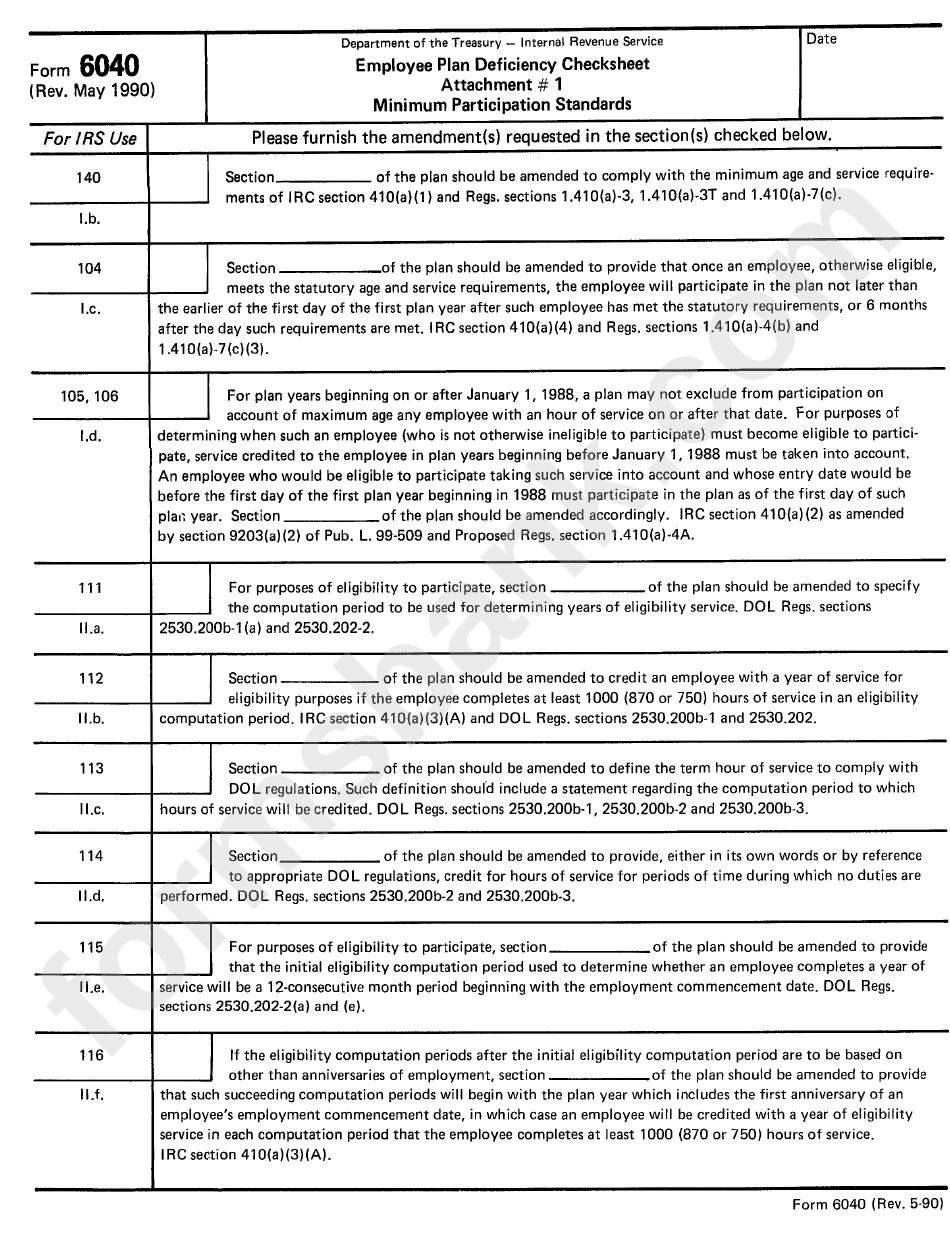 Form 6040 - Employee Plan Deficiency Checksheet Attachment#1 Minimum Participation Standards - 1990