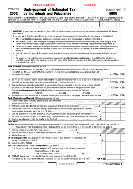 Fillable California Form 5805 - Underpayment Of Estimated Tax By Individuals And Fiduciaries - 2002 Printable pdf