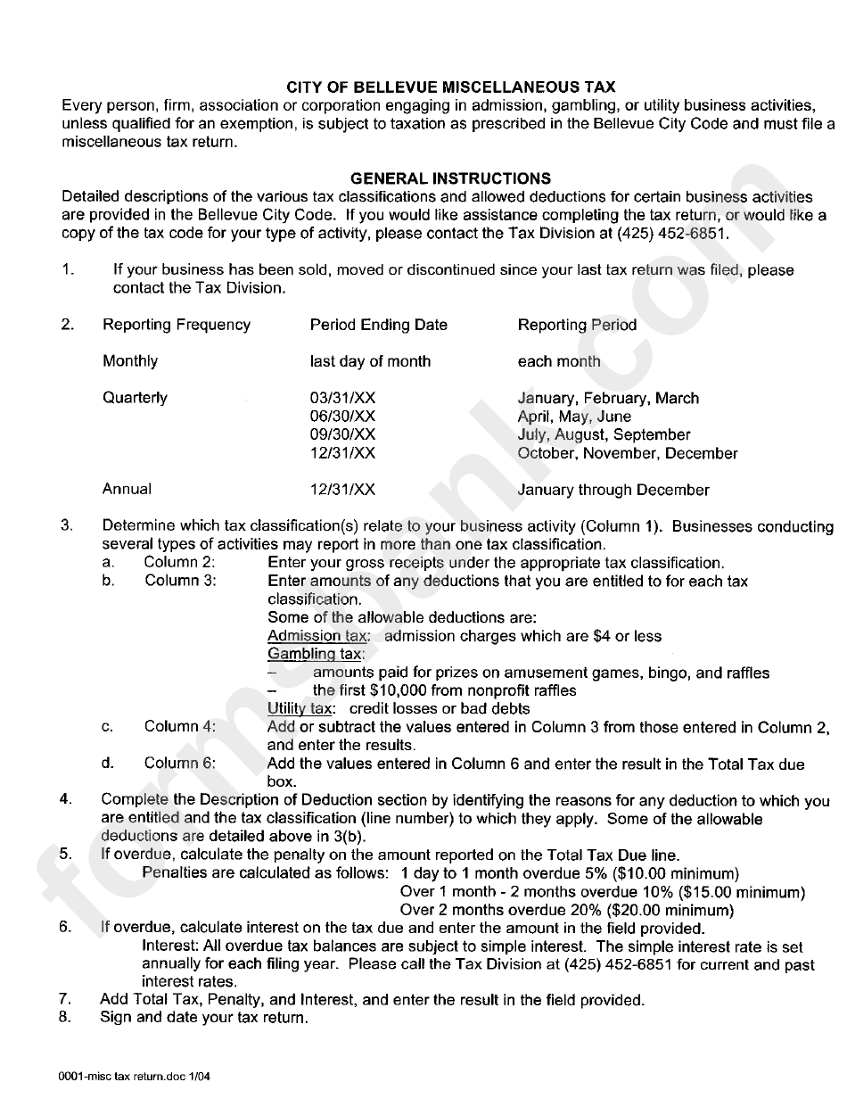 City Of Bellevue Miscellaneous Tax - General Instructions