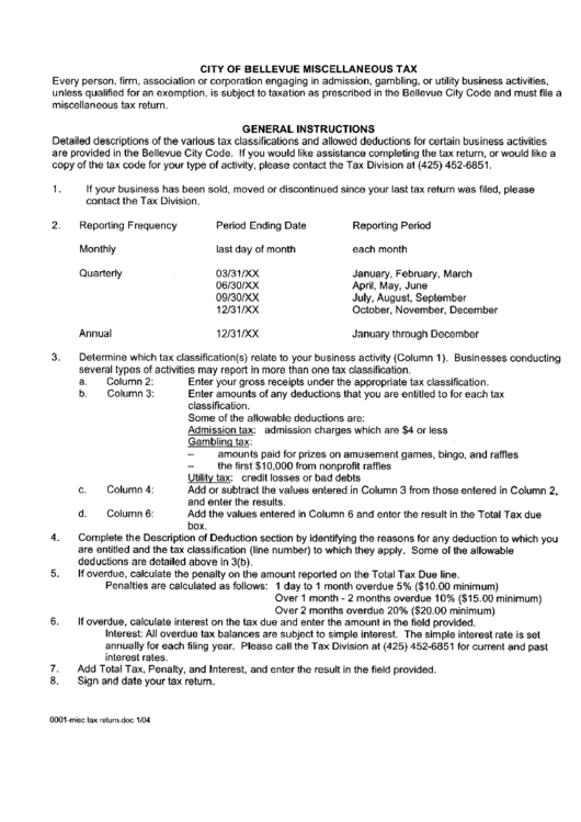 City Of Bellevue Miscellaneous Tax - General Instructions Printable pdf