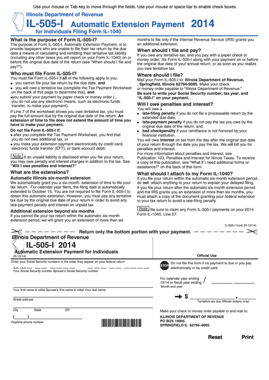 Fillable Form Il-505-I - Automatic Extension Payment For Individuals - 2014 Printable pdf